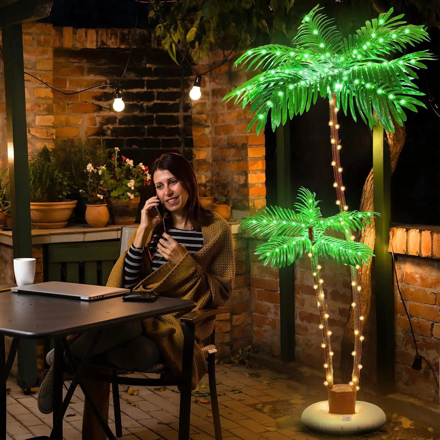 Bar, swimming pool, deck, outdoor decoration, courtyard, tropical party, Christmas with LED artificial fake tree lights