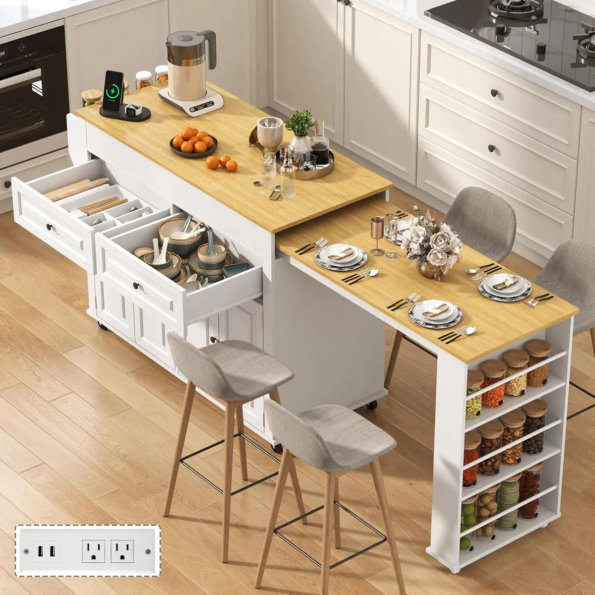 80"-48" Extendable Kitchen Island with Extended Dining Table and Power Outlet,Large Mobile Kitchen Storage Islands with, Custom