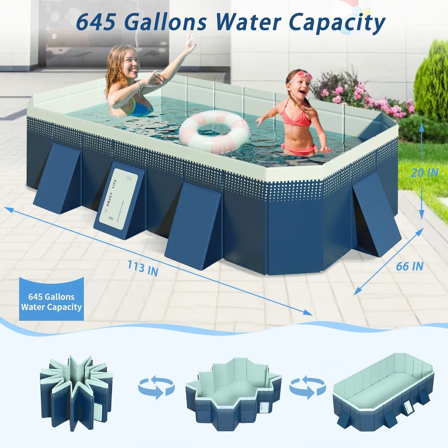 Foldable No Inflatable Family Swimming Pool 2.1/2.6/3M Multi-Layer Wear Resistant PVC Pool Dual Quick Drain Portable Outdoor Backyard Adult Kids Pet Bathtub Pool