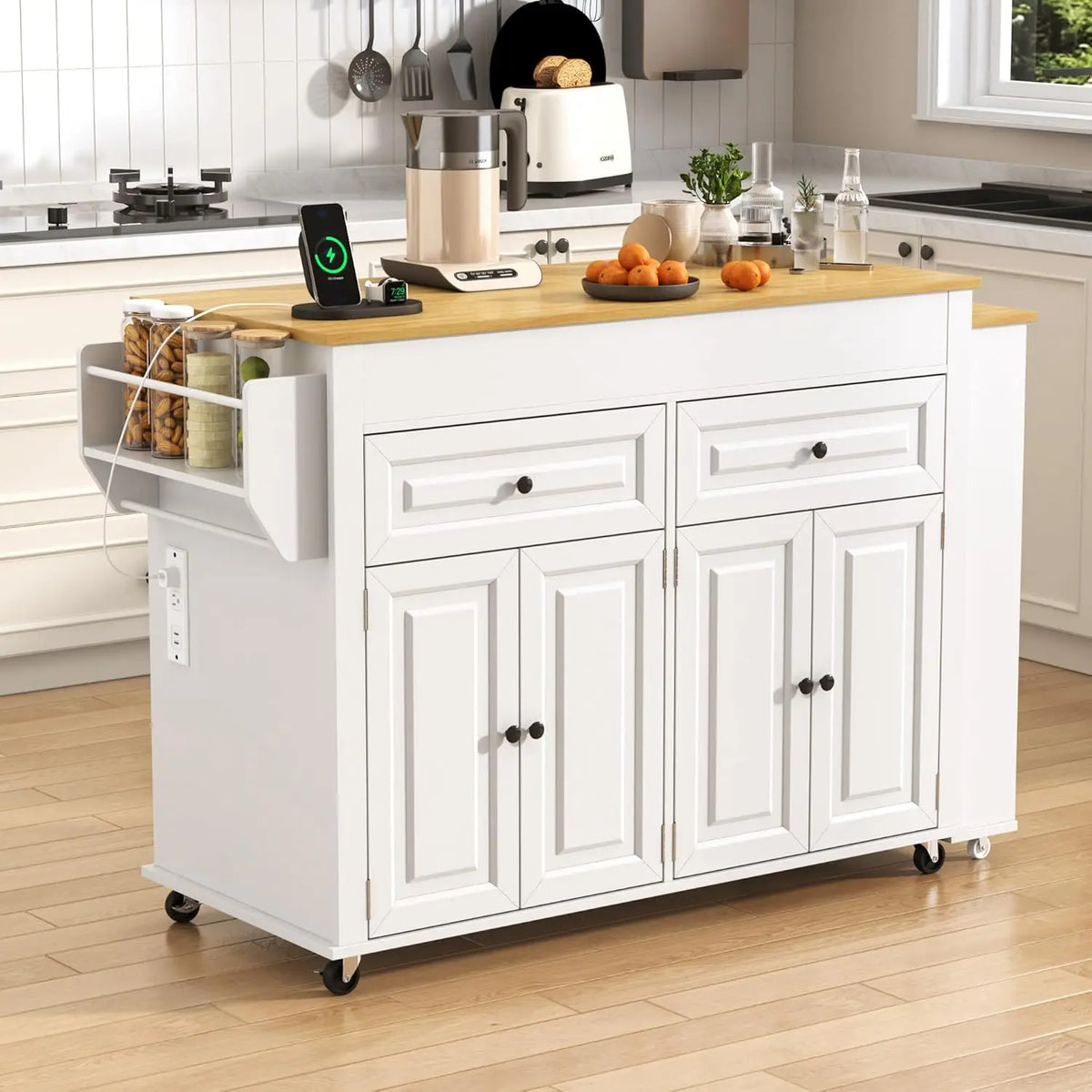 80"-48" Extendable Kitchen Island with Extended Dining Table and Power Outlet,Large Mobile Kitchen Storage Islands with, Custom
