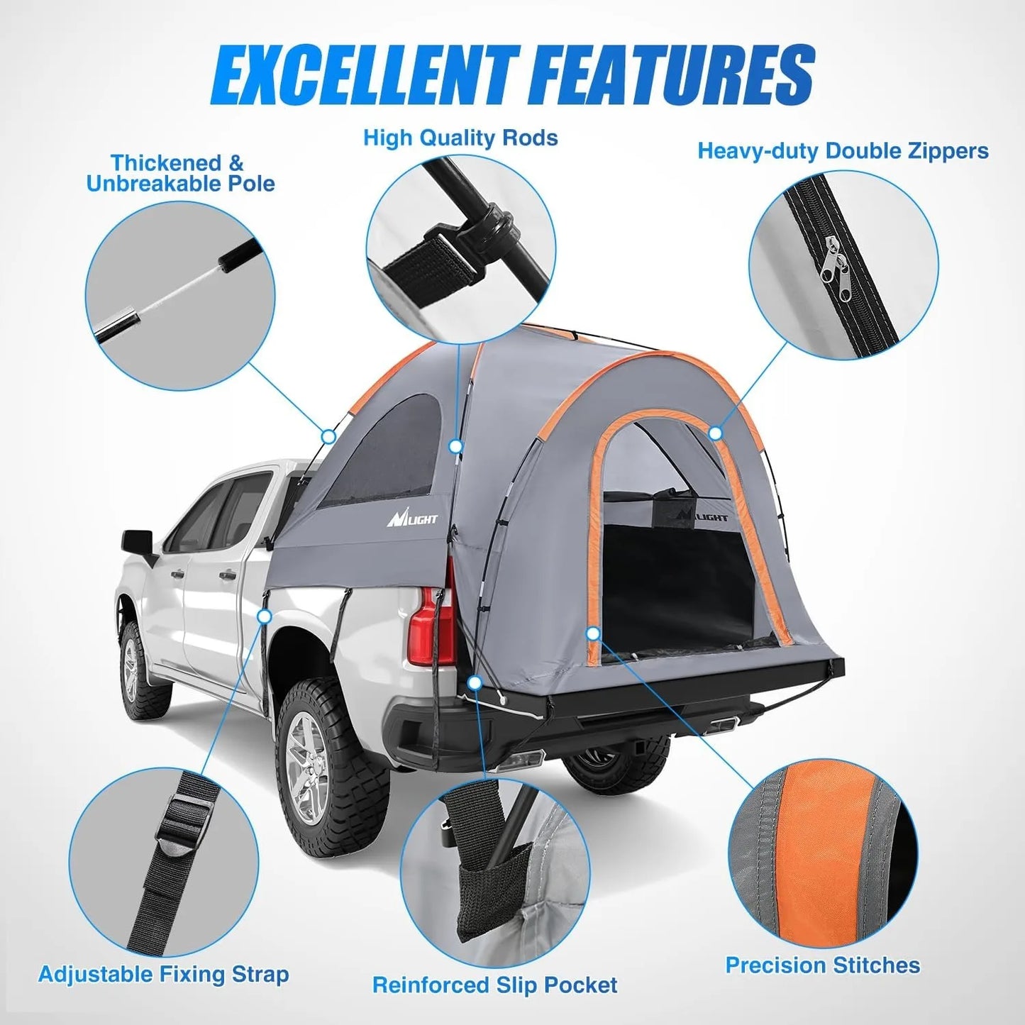 Nilight Truck Bed Tent, Pickup Tent 2 Person Waterproof PU2000mm Double Layer for Full Size Truck Camping Outdoor Travel, 8-8.5FT / 5.2-5.8 FT / 6.4-6.7 FT, Portable Pickup Camping Tent for Outdoor Road Trip Adventure