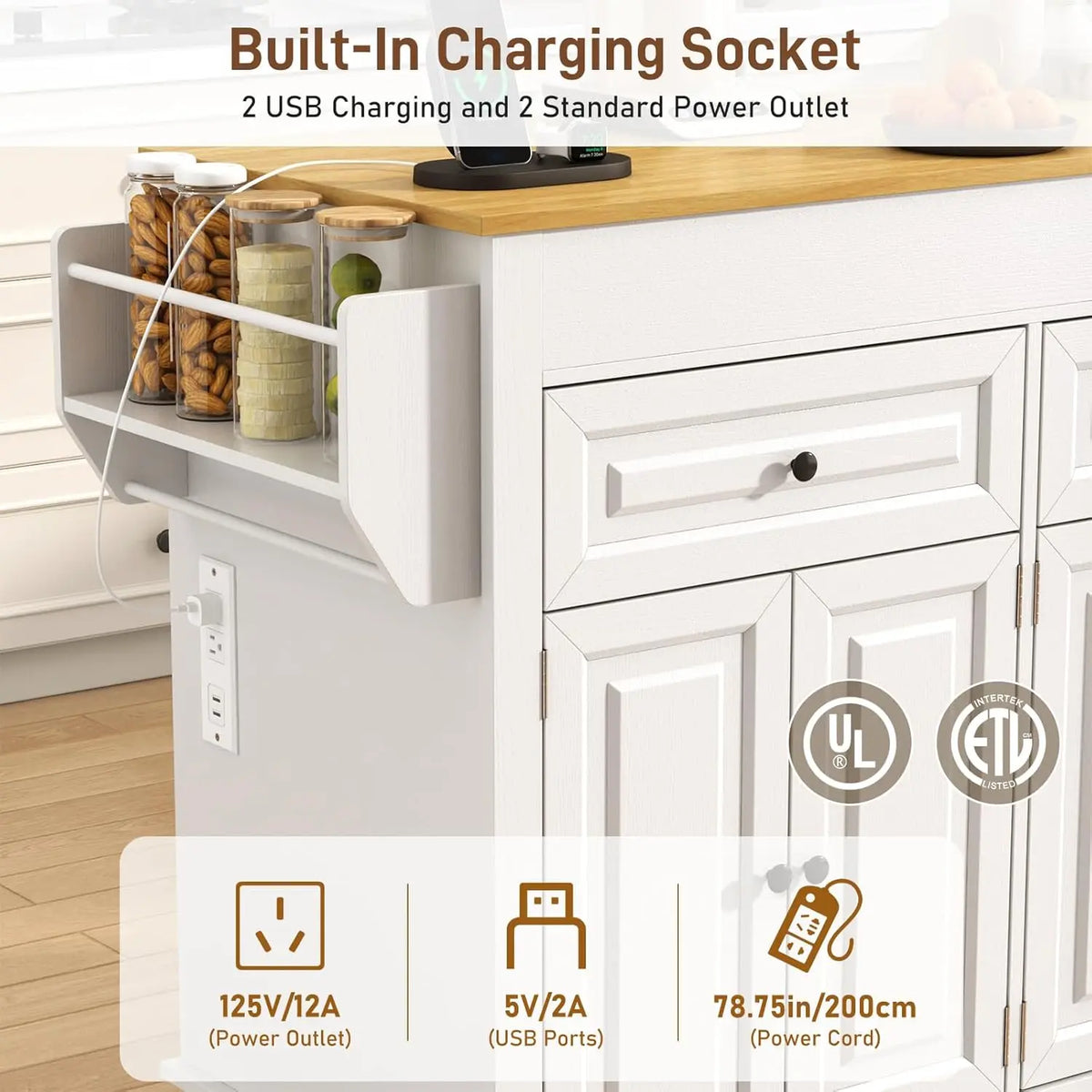 80"-48" Extendable Kitchen Island with Extended Dining Table and Power Outlet,Large Mobile Kitchen Storage Islands with, Custom