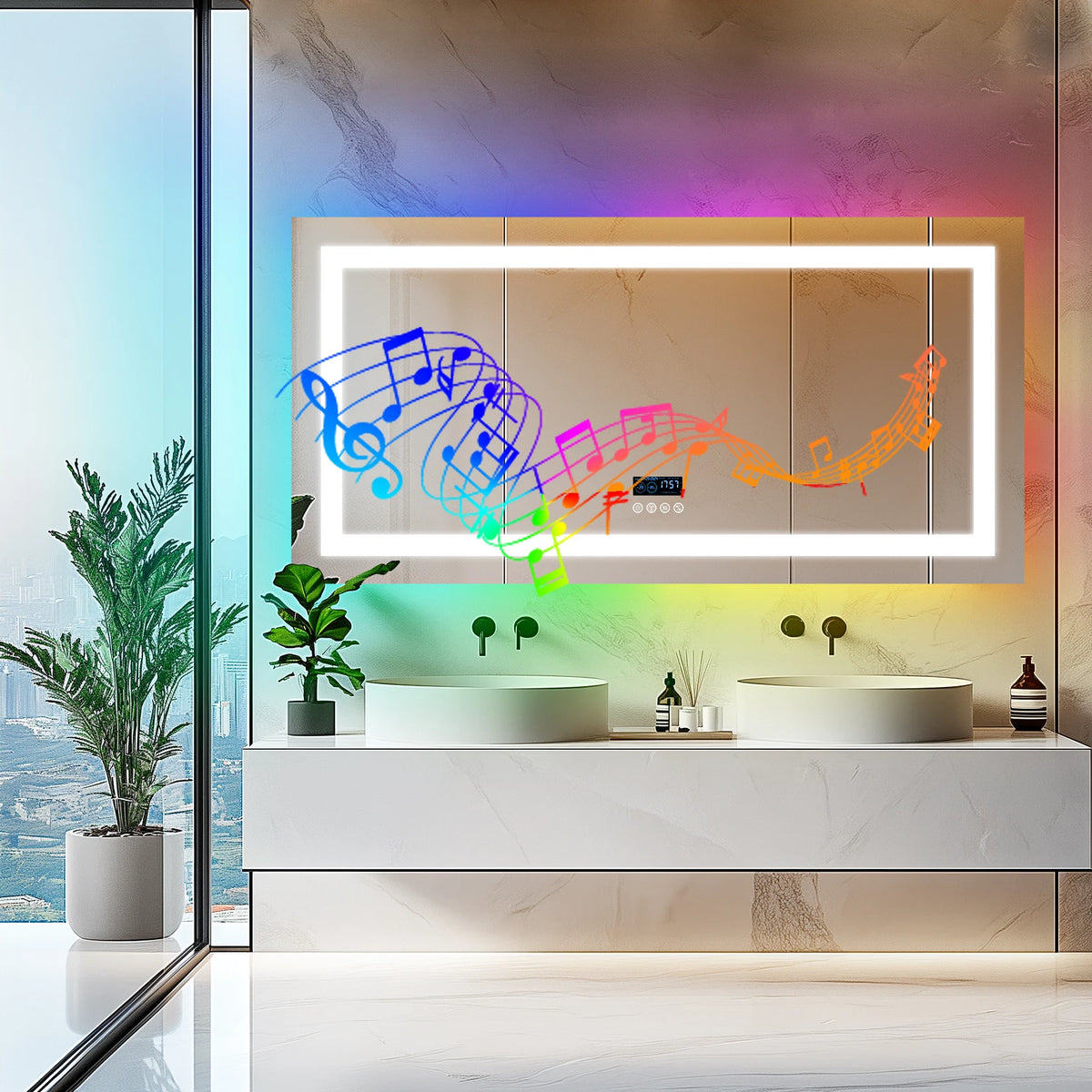 Wisfor Rectangular RGB Bathroom Mirror With Bluetooth Speaker 27x35inch Wall Lighted Bathroom Mirror With Smart Display, 3 Color