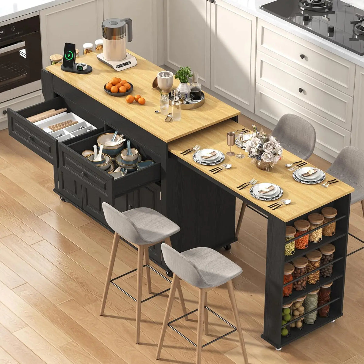 80"-48" Extendable Kitchen Island with Extended Dining Table and Power Outlet,Large Mobile Kitchen Storage Islands with, Custom