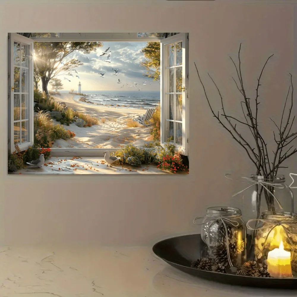 1.5 inch thick wood pine frame,interior art,mural mural, home mural,Coastal landscape canvas art, lighthouse and seascape design