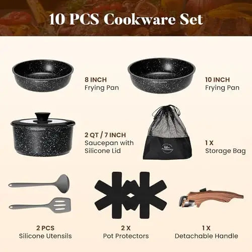Removable Handle Induction Pots and Pans Set - 10 Piece Non-stick Cookware Sets, Black Granite Stackable RV Cookware for Camp