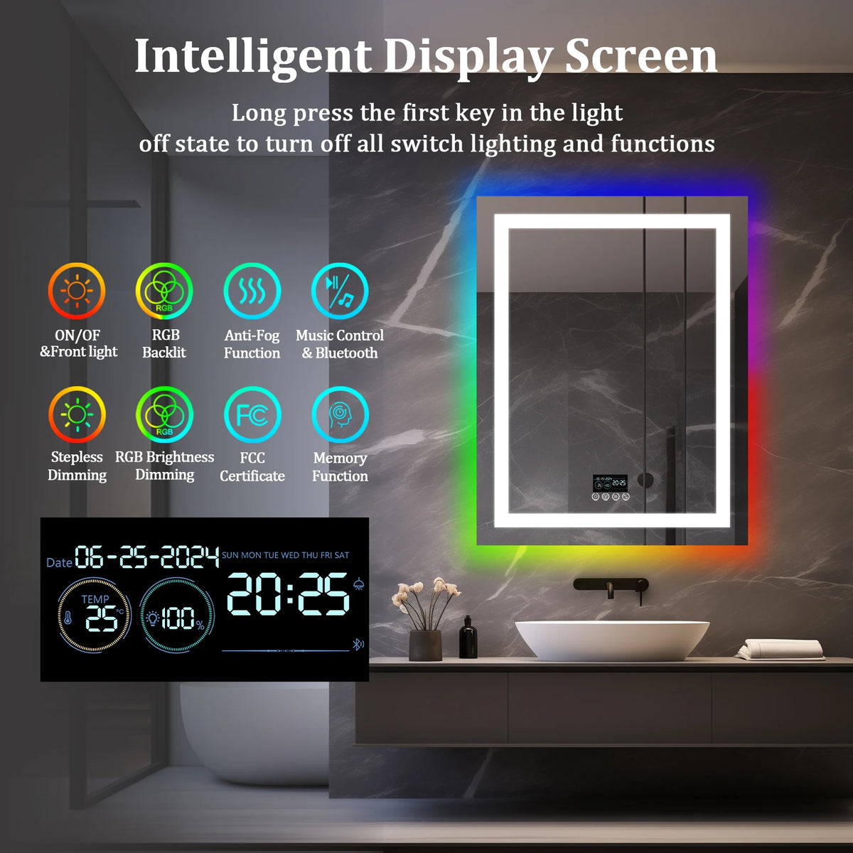 Wisfor Rectangular RGB Bathroom Mirror With Bluetooth Speaker 27x35inch Wall Lighted Bathroom Mirror With Smart Display, 3 Color