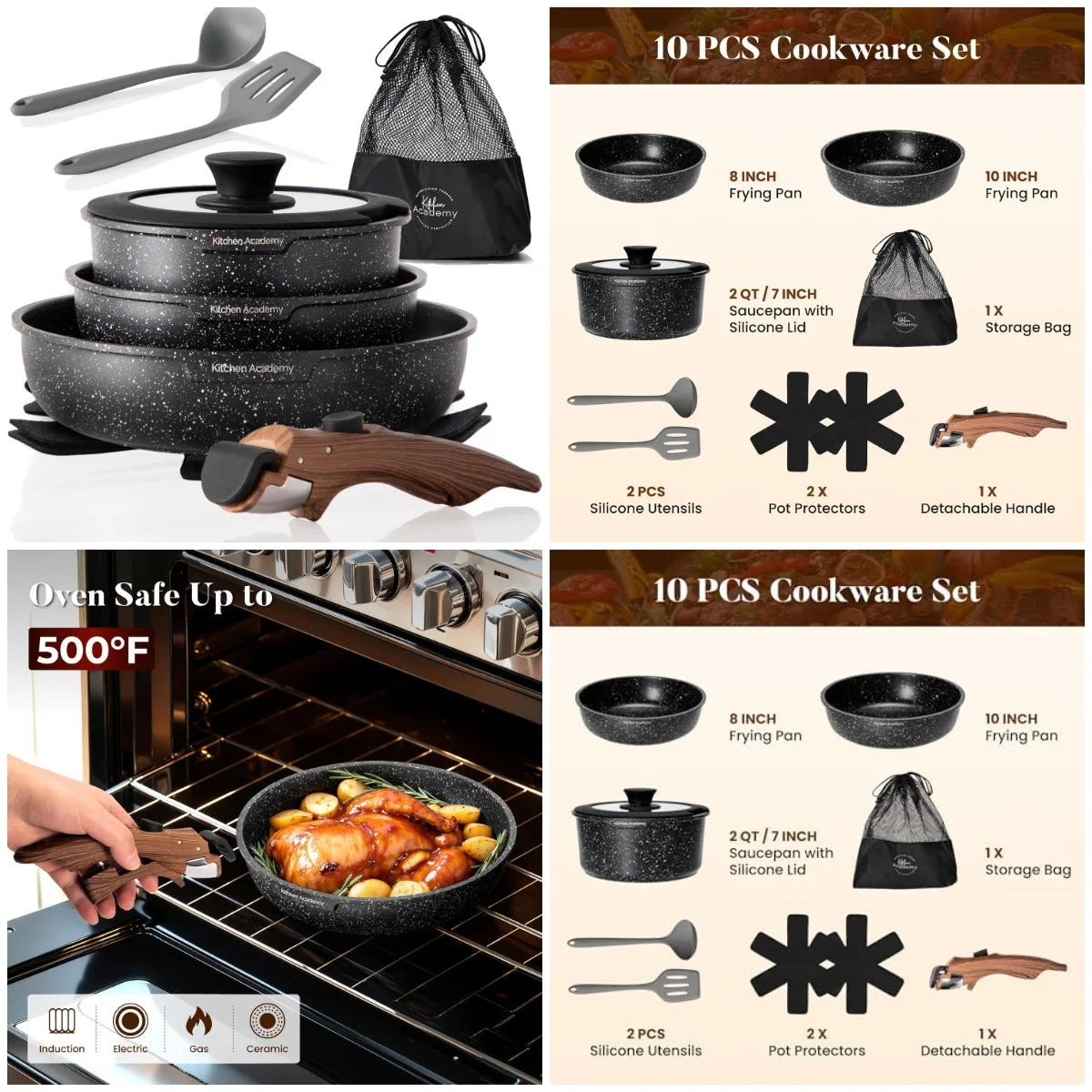 Removable Handle Induction Pots and Pans Set - 10 Piece Non-stick Cookware Sets, Black Granite Stackable RV Cookware for Camp