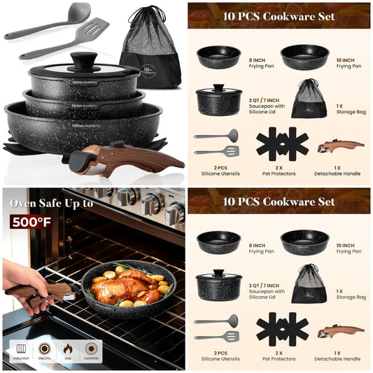 Removable Handle Induction Pots and Pans Set - 10 Piece Non-stick Cookware Sets, Black Granite Stackable RV Cookware for Camp