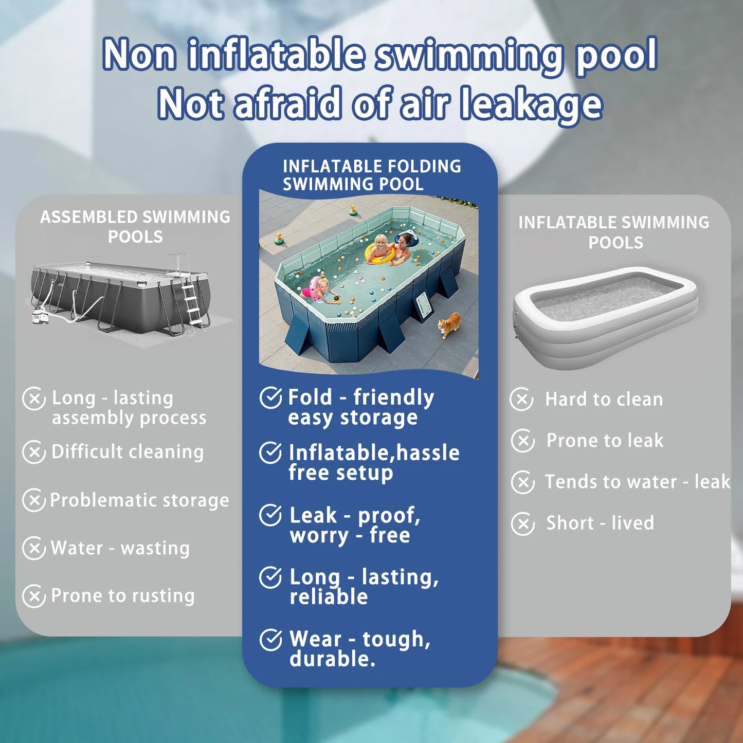 Foldable No Inflatable Family Swimming Pool 2.1/2.6/3M Multi-Layer Wear Resistant PVC Pool Dual Quick Drain Portable Outdoor Backyard Adult Kids Pet Bathtub Pool