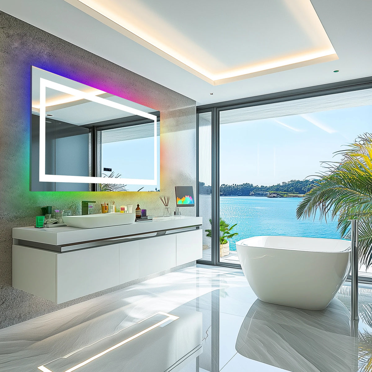 Wisfor Rectangular RGB Bathroom Mirror With Bluetooth Speaker 27x35inch Wall Lighted Bathroom Mirror With Smart Display, 3 Color