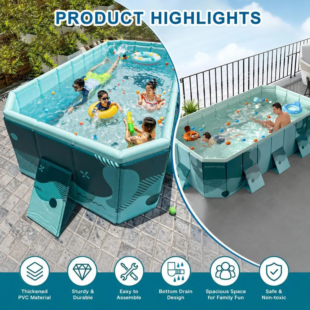 Foldable No Inflatable Family Swimming Pool 2.1/2.6/3M Multi-Layer Wear Resistant PVC Pool Dual Quick Drain Portable Outdoor Backyard Adult Kids Pet Bathtub Pool