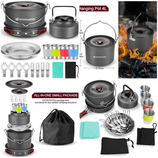 22pcs Camping Cookware MKit, Large Size Hanging Pot Pan Kettle with Base Cook Set for 4, Cups Dishes