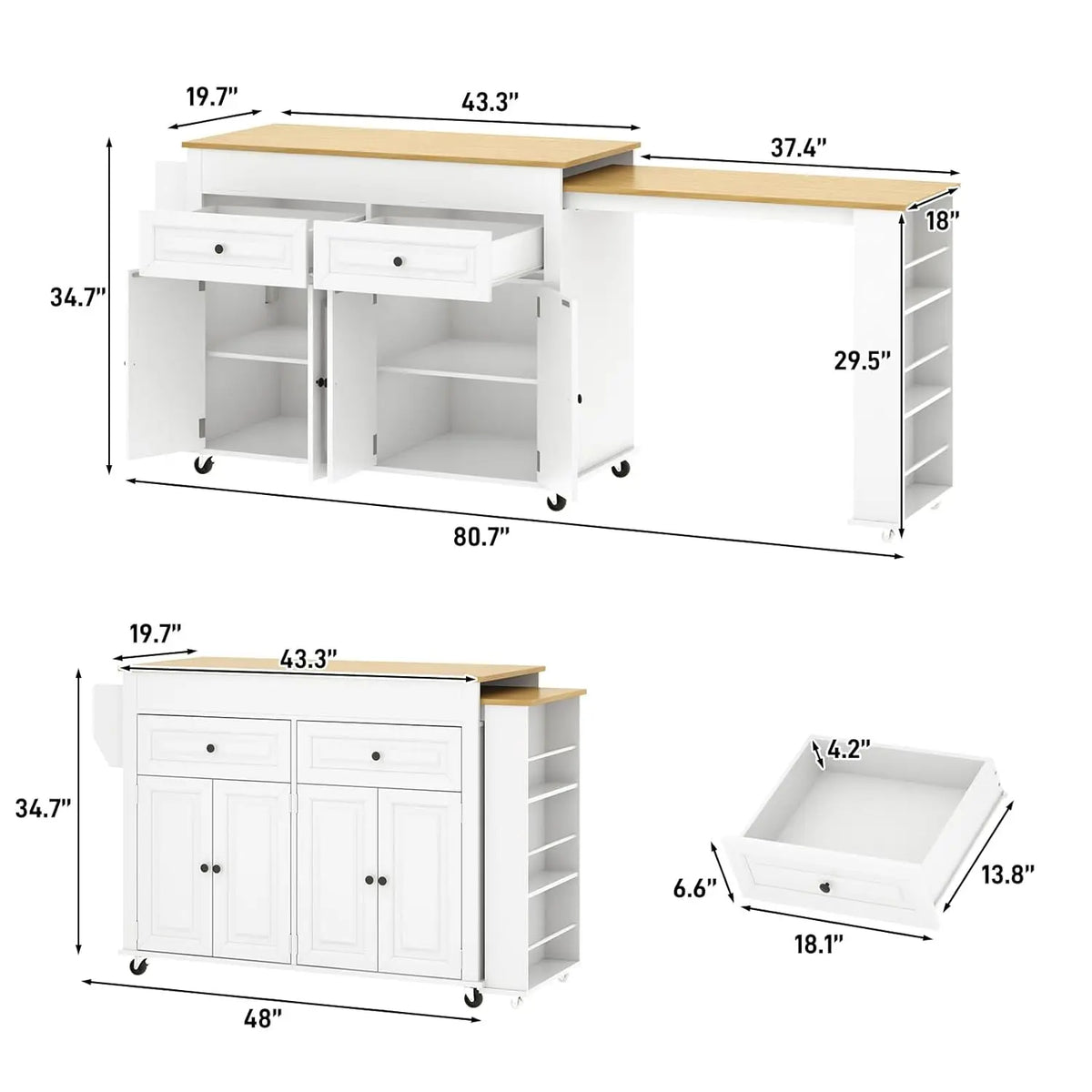 80"-48" Extendable Kitchen Island with Extended Dining Table and Power Outlet,Large Mobile Kitchen Storage Islands with, Custom