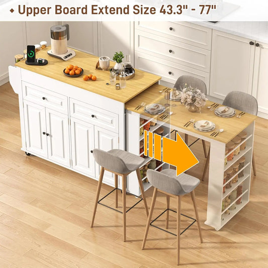 80"-48" Extendable Kitchen Island with Extended Dining Table and Power Outlet,Large Mobile Kitchen Storage Islands with, Custom