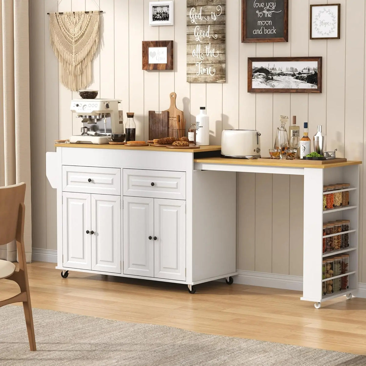 80"-48" Extendable Kitchen Island with Extended Dining Table and Power Outlet,Large Mobile Kitchen Storage Islands with, Custom