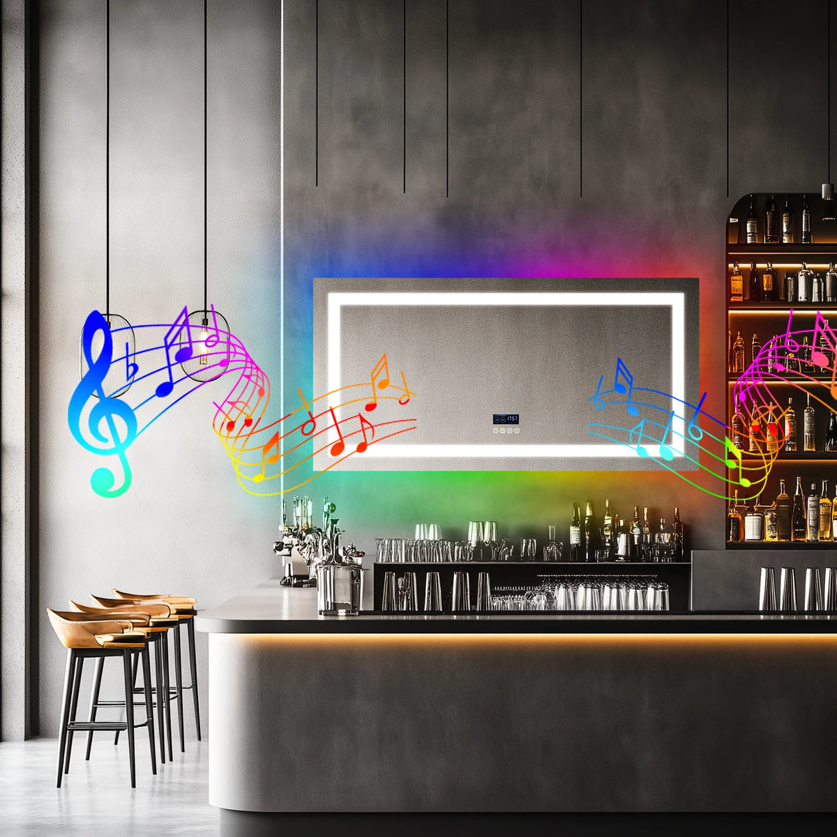 Wisfor Rectangular RGB Bathroom Mirror With Bluetooth Speaker 27x35inch Wall Lighted Bathroom Mirror With Smart Display, 3 Color