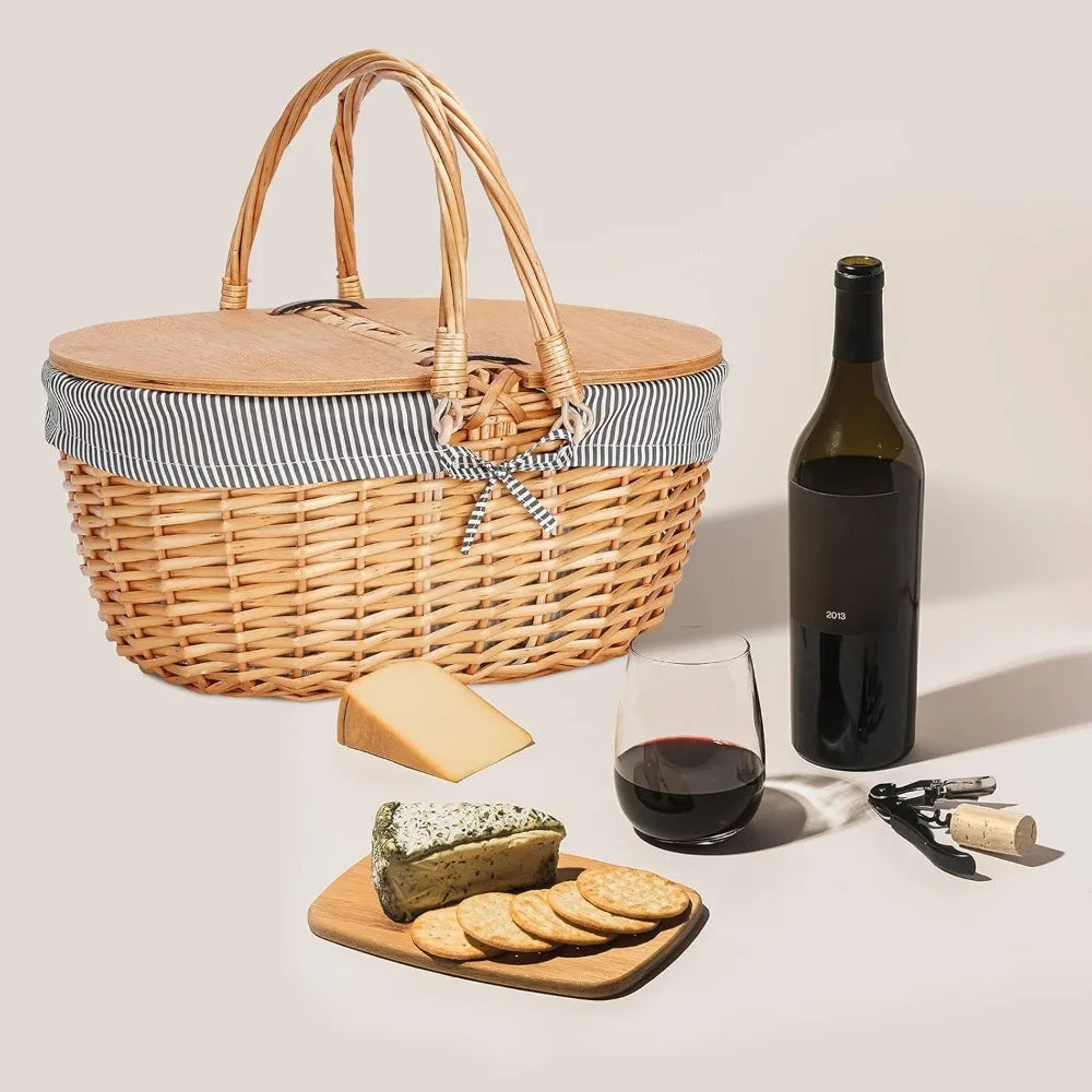 Wicker Picnic Basket with Liner Wooden Split Lid Vintage Style Folding Handle for Outdoor Dining Gift