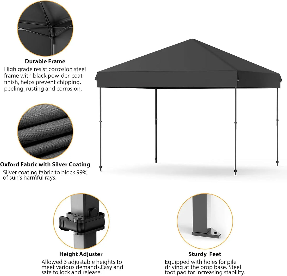 10x10 FT Pop Up Canopy Tent, Black Heavy Duty Waterproof Gazebo Shelter with Wheeled Carry Bag Portable Instant Sun Shade for Outdoor Parties, Events & Camping,Patio, Garden, Beach
