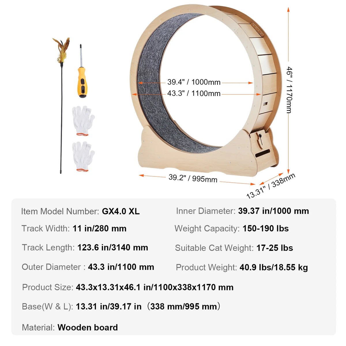 SucceBuy Wooden Cat Exercise Wheel Large Cat Treadmill Wheel for Indoor Cats Cat Running Wheel with Detachable Carpet&Cat Teaser