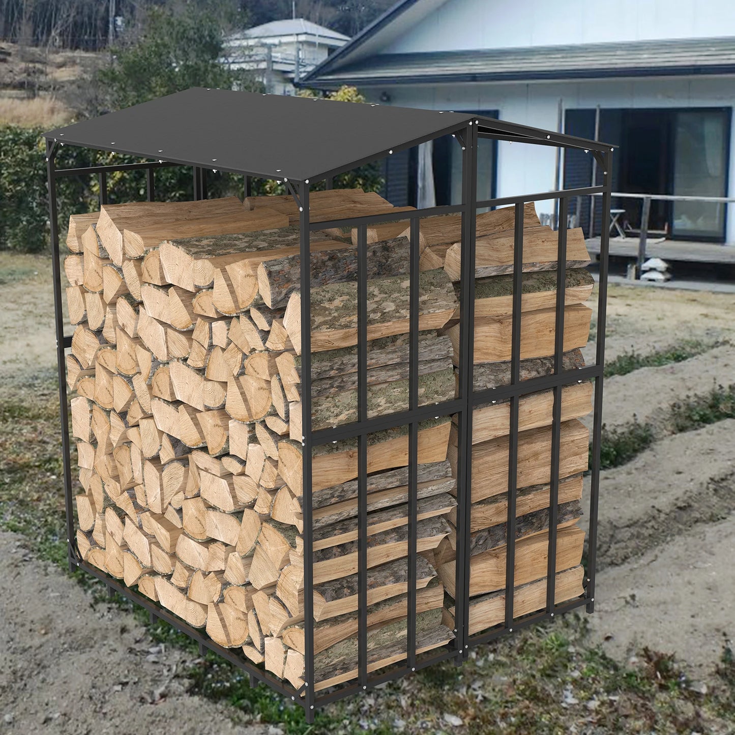 Outdoor Firewood Rack With Waterproof Cover Heavy Duty Iron Stand