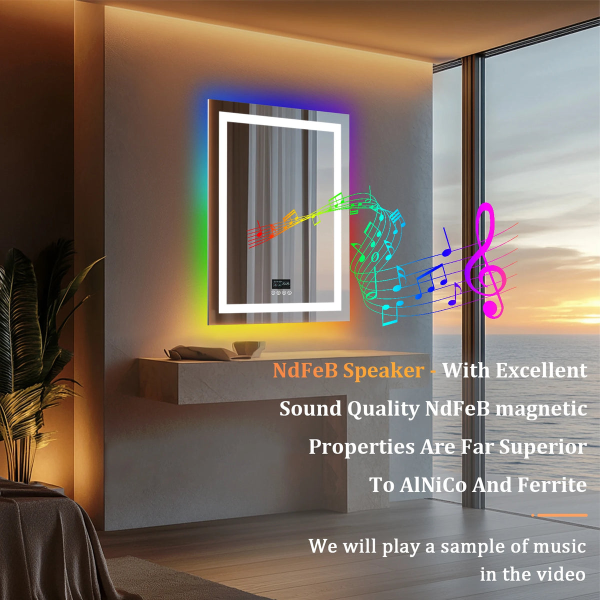 Wisfor Rectangular RGB Bathroom Mirror With Bluetooth Speaker 27x35inch Wall Lighted Bathroom Mirror With Smart Display, 3 Color