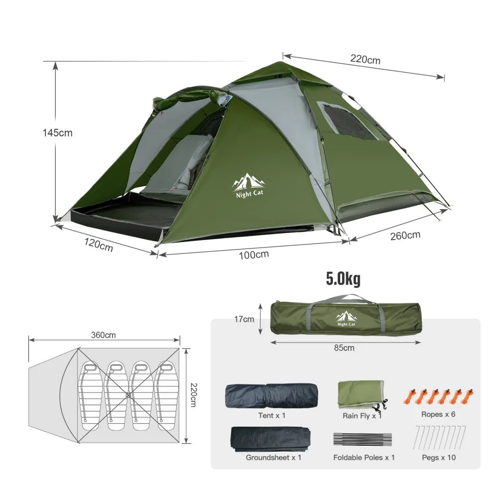 Night Cat Pop Up Tent 2-3 Persons Instant Set Up Tent with Footprint Tarp & Porch, Automatic Double Layer Waterproof Camping Tent with Rainfly