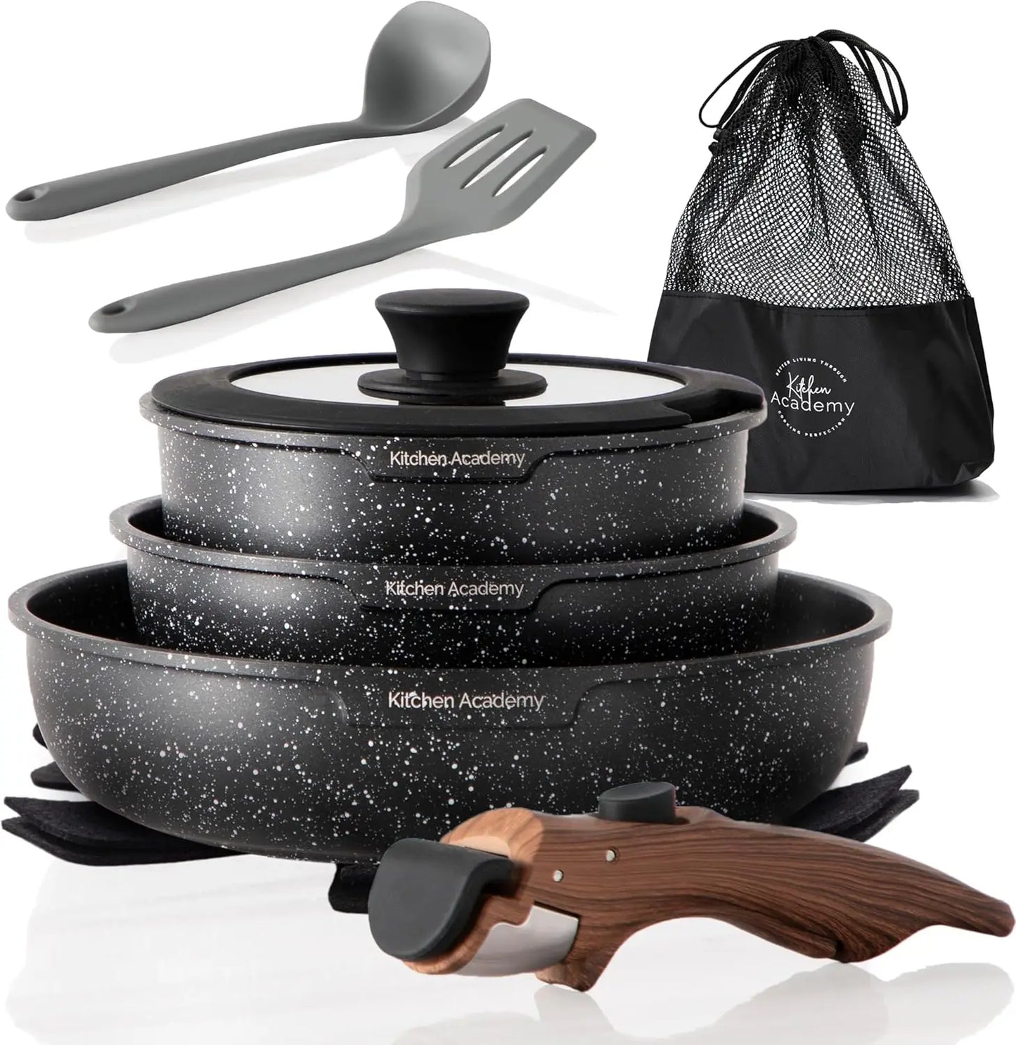 Removable Handle Induction Pots and Pans Set - 10 Piece Non-stick Cookware Sets, Black Granite Stackable RV Cookware for Camp