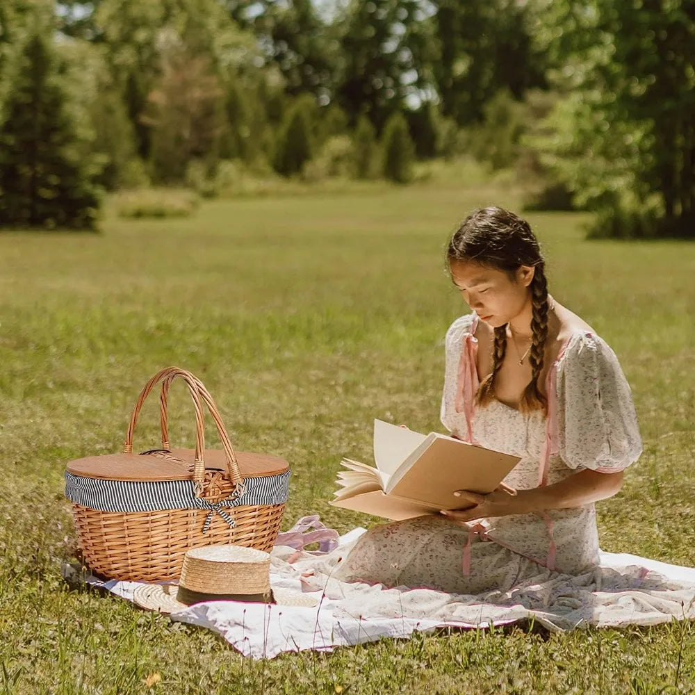 Wicker Picnic Basket with Liner Wooden Split Lid Vintage Style Folding Handle for Outdoor Dining Gift