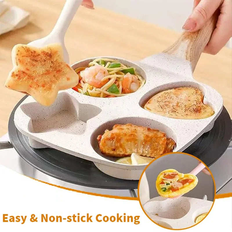 4 Hole Medical Stone Omelette Pan Thickened Non-Stick Flat Bottom Egg Burger Frying Pan for Egg Pancake Steak Ham Dumpling Works on All Stovetops Breakfast Maker Cookware