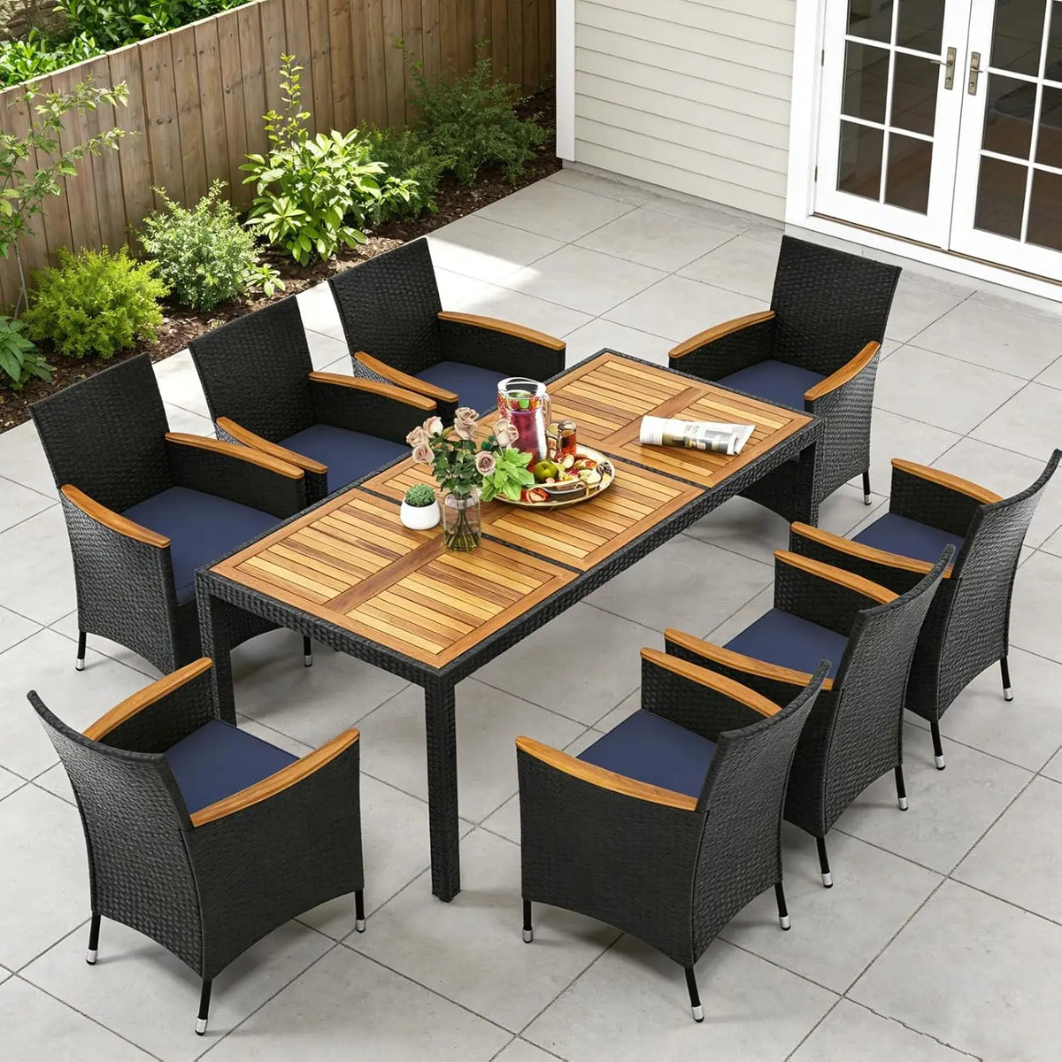 9pc Patio Dining Set Rattan Table & Chairs w/ Umbrella Hole Acacia Wood Top Backyard Balcony Poolside Navy, Custom