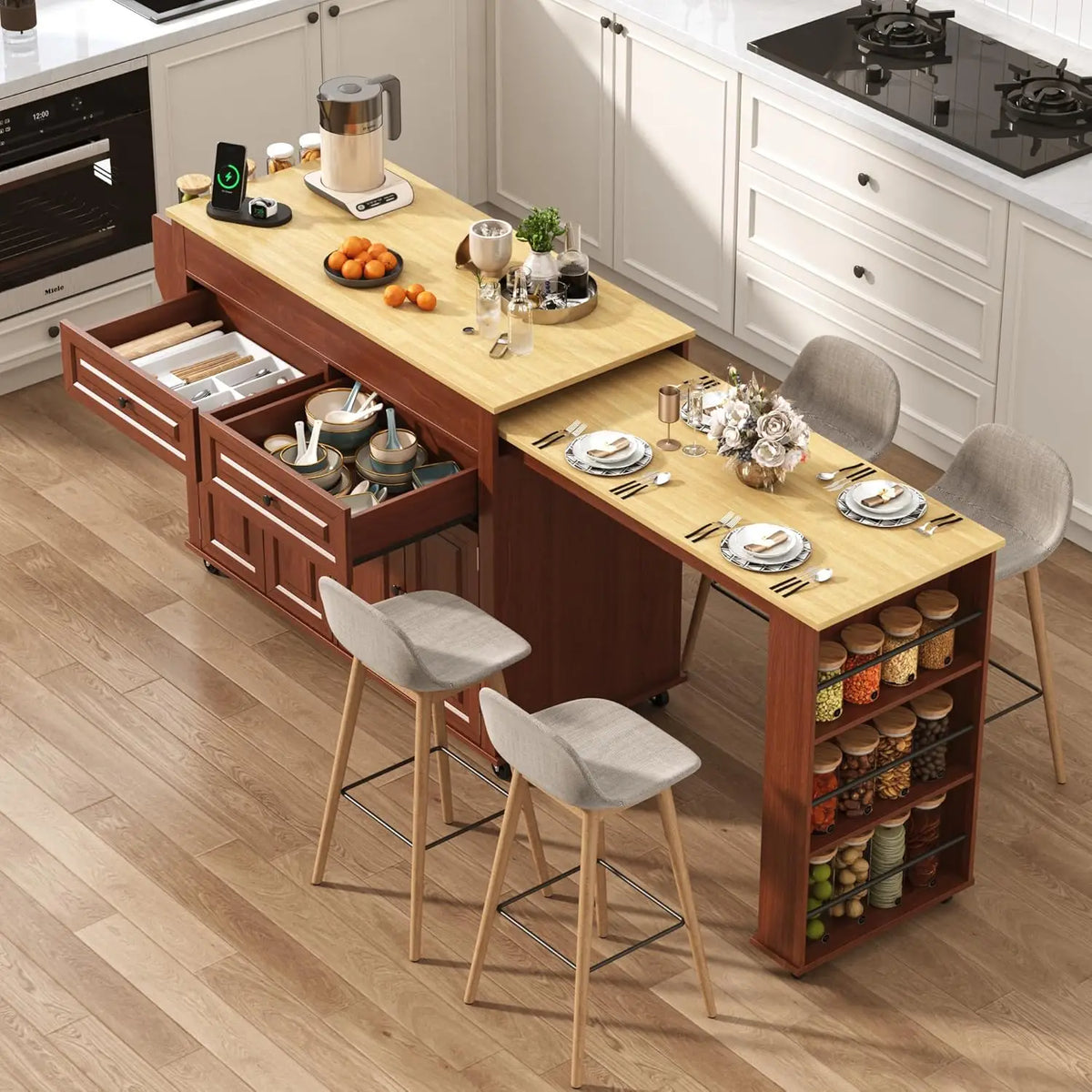80"-48" Extendable Kitchen Island with Extended Dining Table and Power Outlet,Large Mobile Kitchen Storage Islands with, Custom