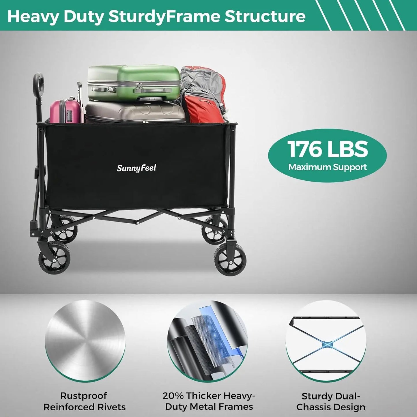 Collapsible Wagon Cart with Wheels Foldable - 176lbs Standard Borderless Version Wagon Carts for