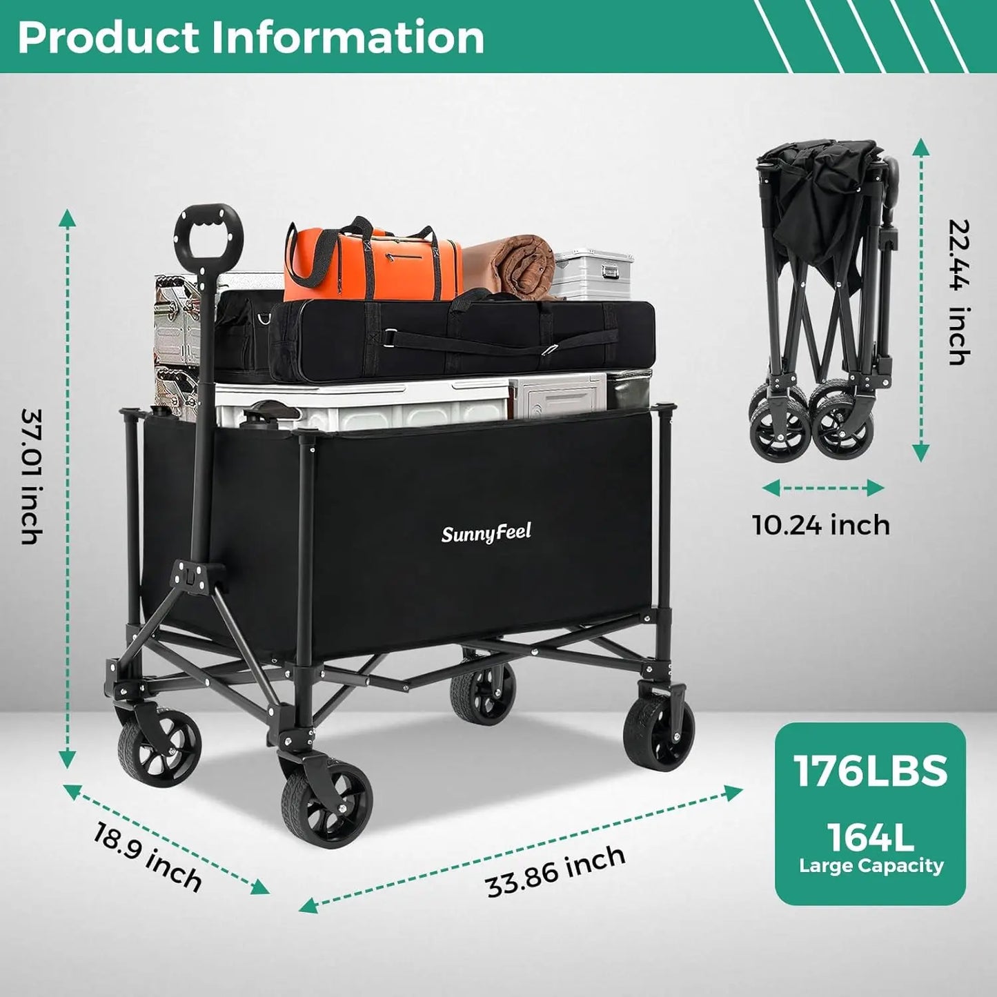 Collapsible Wagon Cart with Wheels Foldable - 176lbs Standard Borderless Version Wagon Carts for