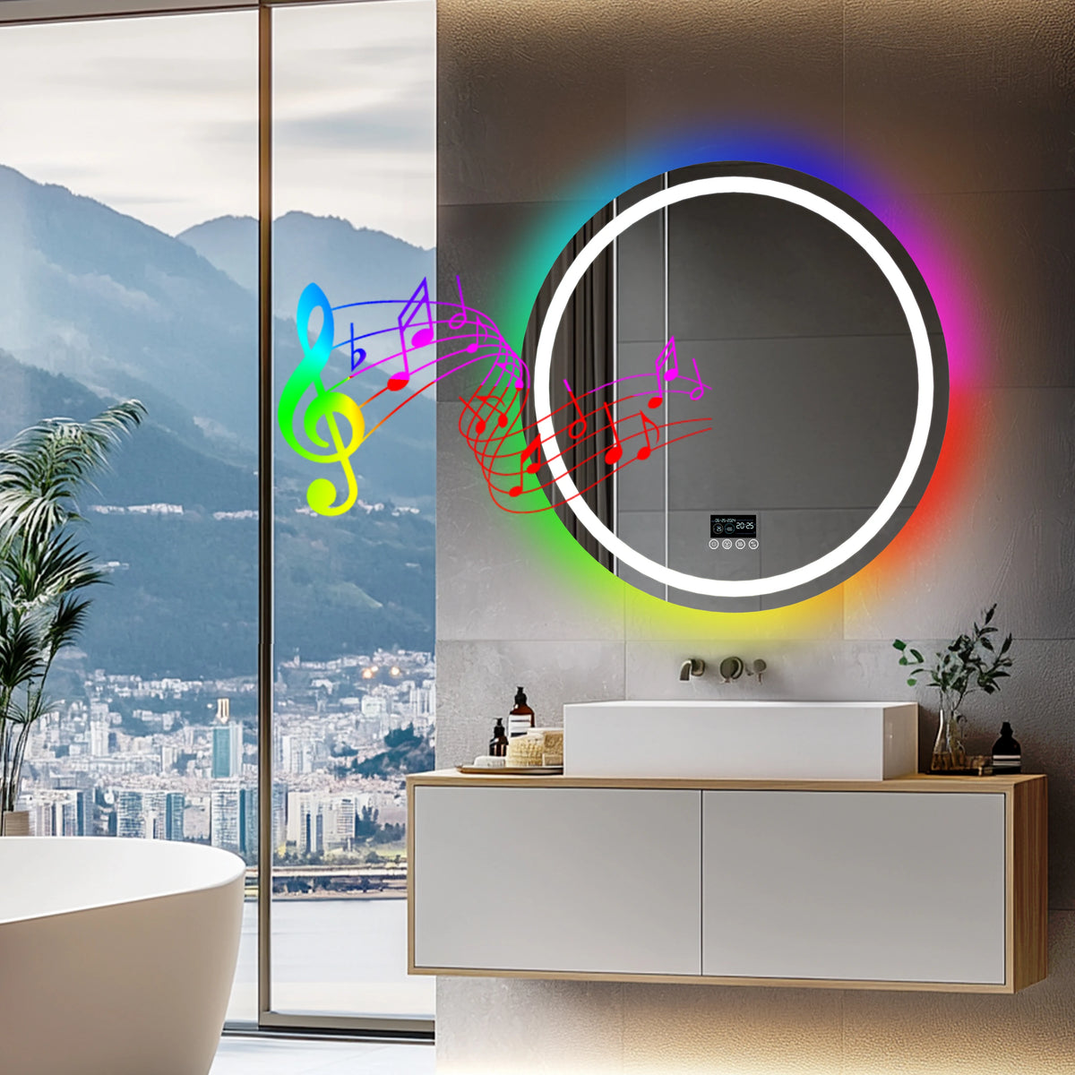 Wisfor Rectangular RGB Bathroom Mirror With Bluetooth Speaker 27x35inch Wall Lighted Bathroom Mirror With Smart Display, 3 Color