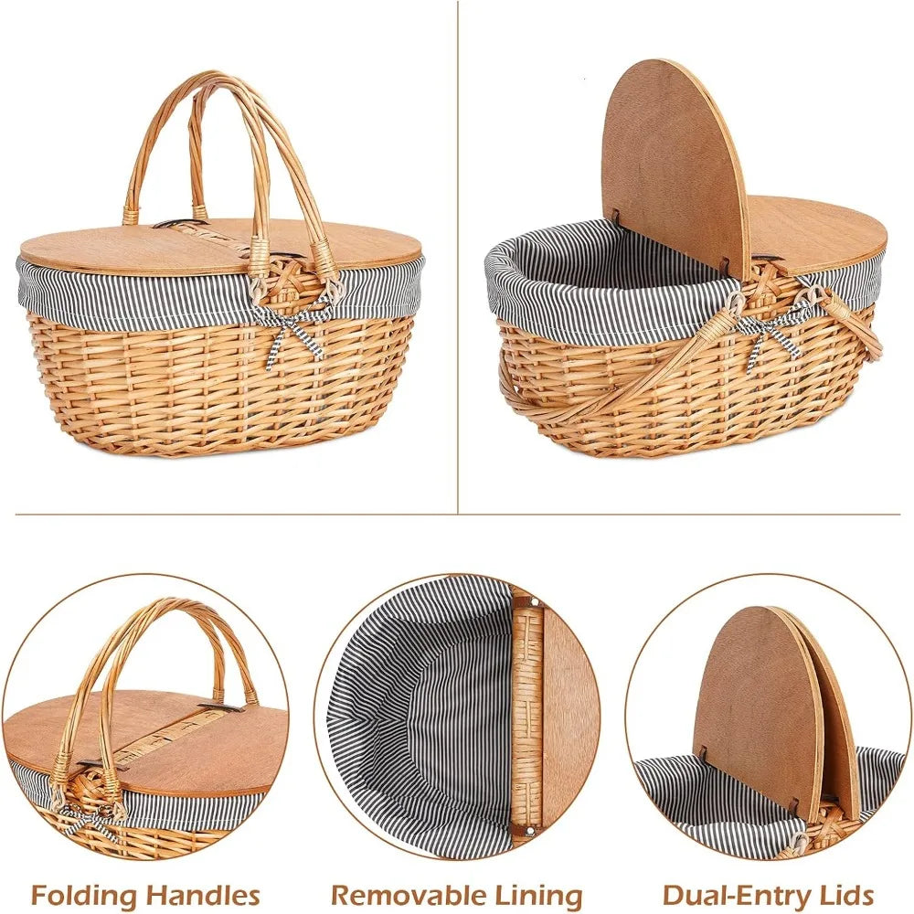 Wicker Picnic Basket with Liner Wooden Split Lid Vintage Style Folding Handle for Outdoor Dining Gift
