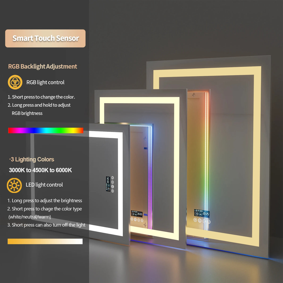 Wisfor Rectangular RGB Bathroom Mirror With Bluetooth Speaker 27x35inch Wall Lighted Bathroom Mirror With Smart Display, 3 Color