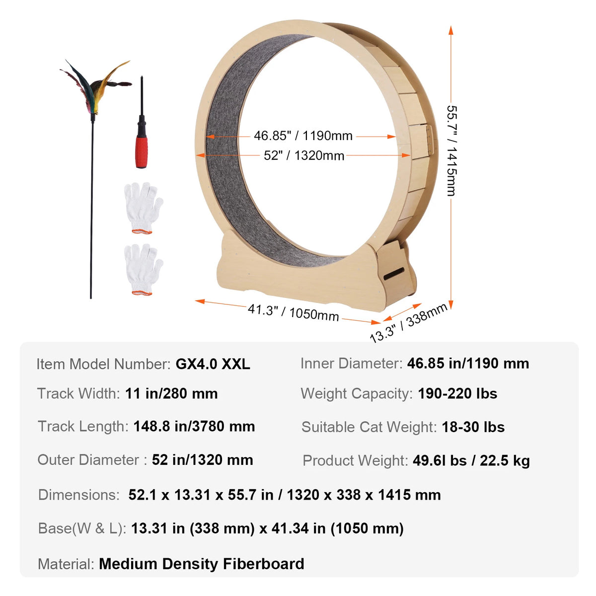 SucceBuy Wooden Cat Exercise Wheel Large Cat Treadmill Wheel for Indoor Cats Cat Running Wheel with Detachable Carpet&Cat Teaser