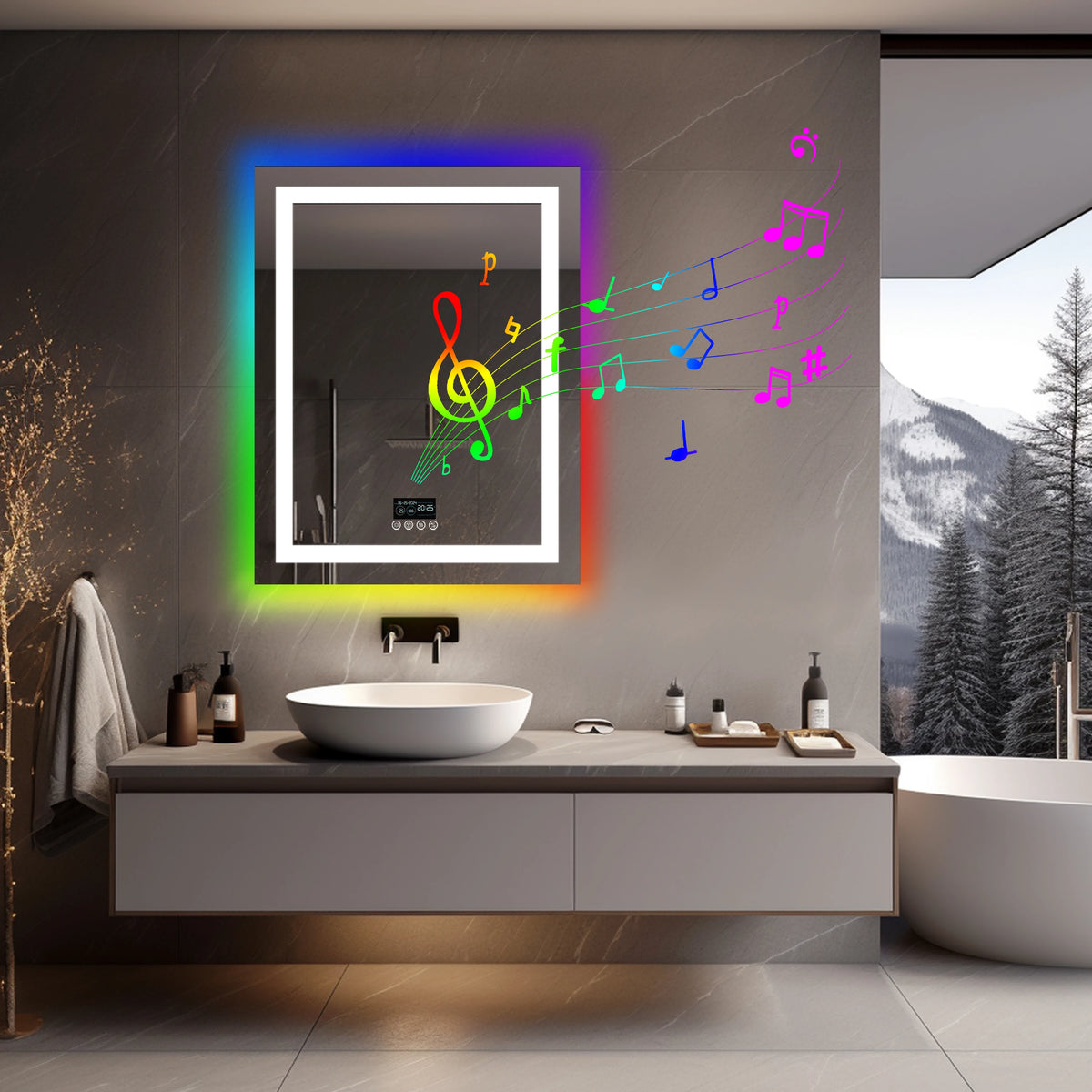 Wisfor Rectangular RGB Bathroom Mirror With Bluetooth Speaker 27x35inch Wall Lighted Bathroom Mirror With Smart Display, 3 Color