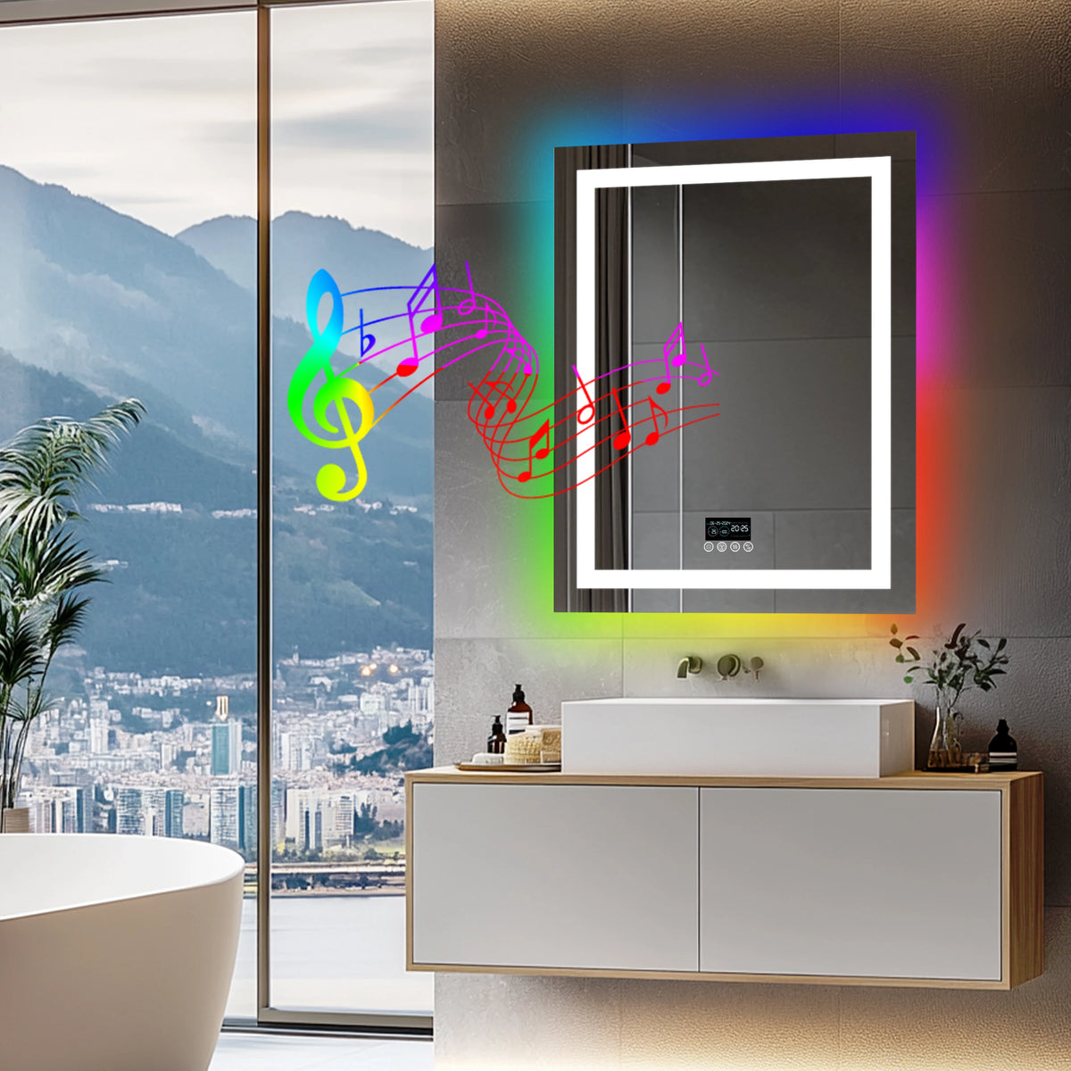 Wisfor Rectangular RGB Bathroom Mirror With Bluetooth Speaker 27x35inch Wall Lighted Bathroom Mirror With Smart Display, 3 Color