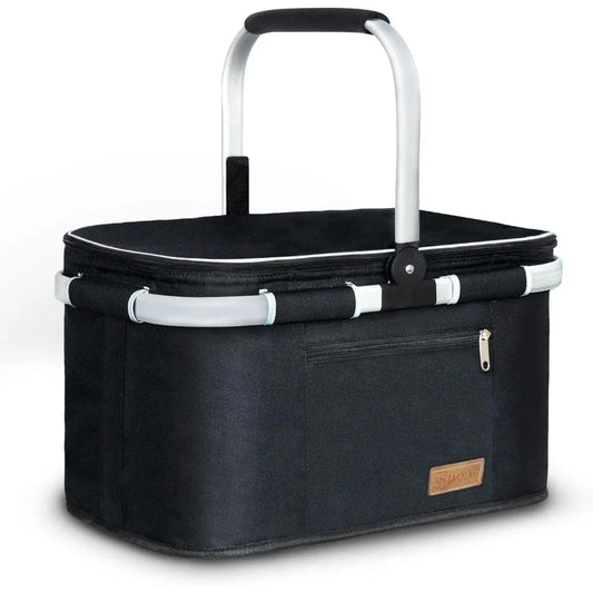 Large 35L Insulated Picnic Basket with Double Layer Pockets Leak Proof Foldable Stable for Outdoor Use