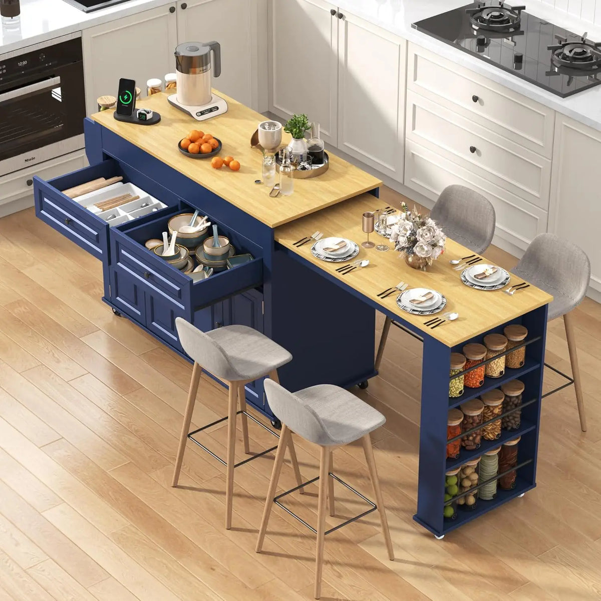 80"-48" Extendable Kitchen Island with Extended Dining Table and Power Outlet,Large Mobile Kitchen Storage Islands with, Custom
