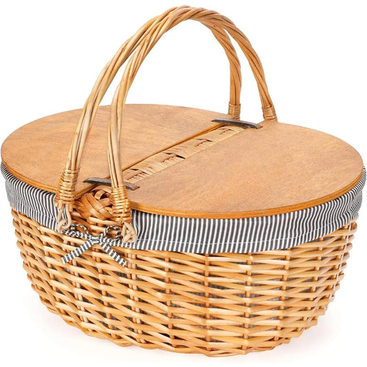 Wicker Picnic Basket with Liner Wooden Split Lid Vintage Style Folding Handle for Outdoor Dining Gift