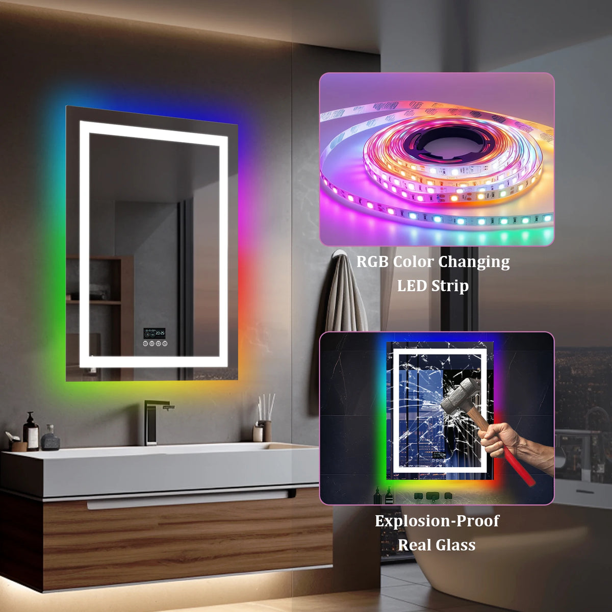 Wisfor Rectangular RGB Bathroom Mirror With Bluetooth Speaker 27x35inch Wall Lighted Bathroom Mirror With Smart Display, 3 Color