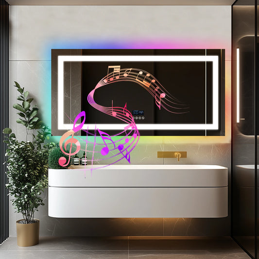 Wisfor Rectangular RGB Bathroom Mirror With Bluetooth Speaker 27x35inch Wall Lighted Bathroom Mirror With Smart Display, 3 Color