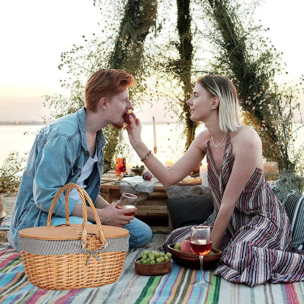 Wicker Picnic Basket with Liner Wooden Split Lid Vintage Style Folding Handle for Outdoor Dining Gift